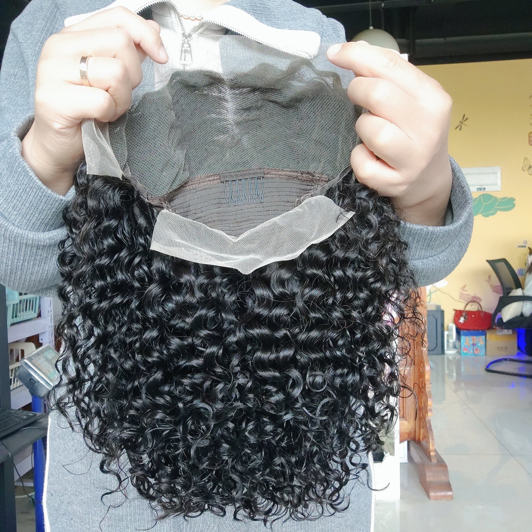 Peluca Bob Rizada de encaje frontal completo transparente