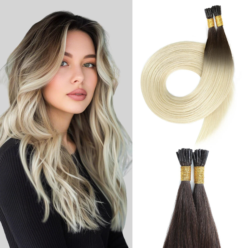 Extensiones con punta en I de castaño oscuro a rubio platino (#T2/60)