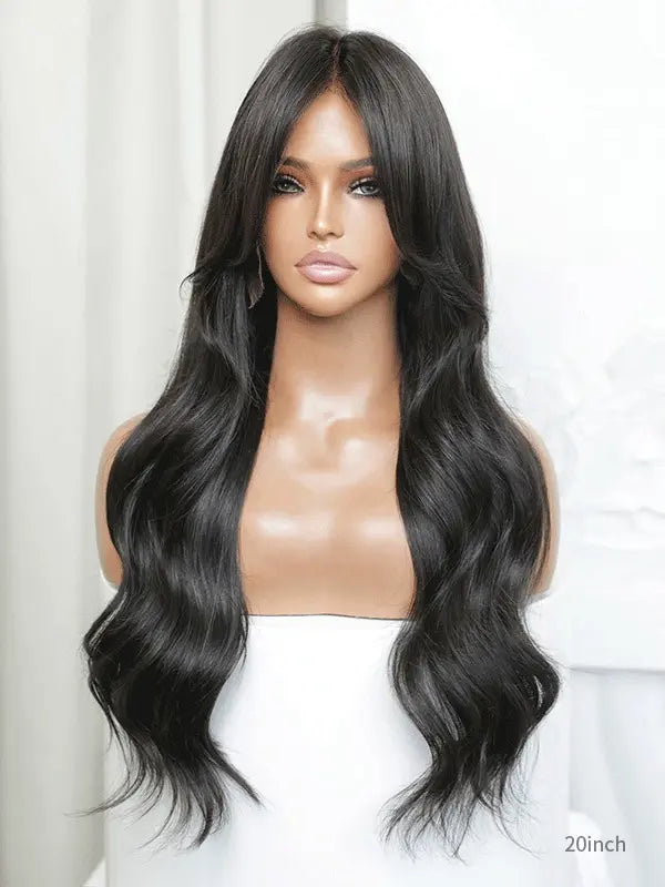 Rylee Loose Wave Curtain Bangs Natural Black Wig